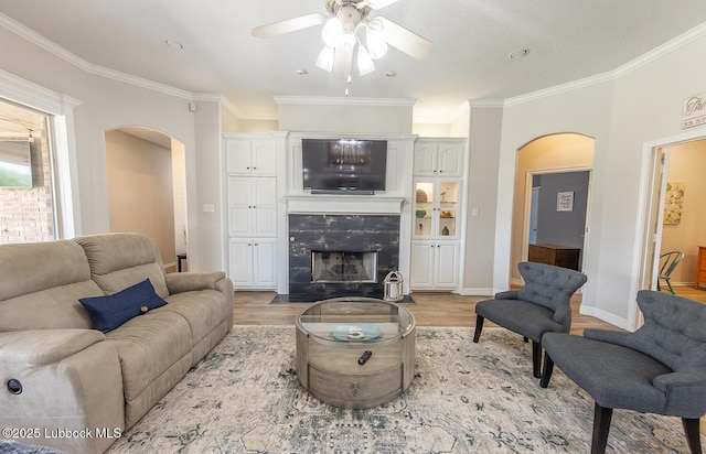 5004 County Rd 1430, Lubbock, TX 79407 - living area featuring arched walkways, light wood-type flooring, a ceiling fan, a high end fireplace, and ornamental molding