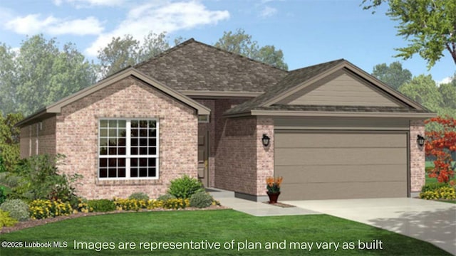 2337 149th St, Lubbock, TX 79423 - view of front facade with a garage, brick siding, concrete driveway, and a front lawn