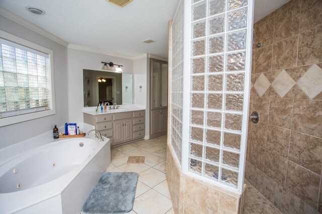 bathroom featuring shower with separate bathtub, tile patterned flooring, vanity, crown molding, and a textured ceiling