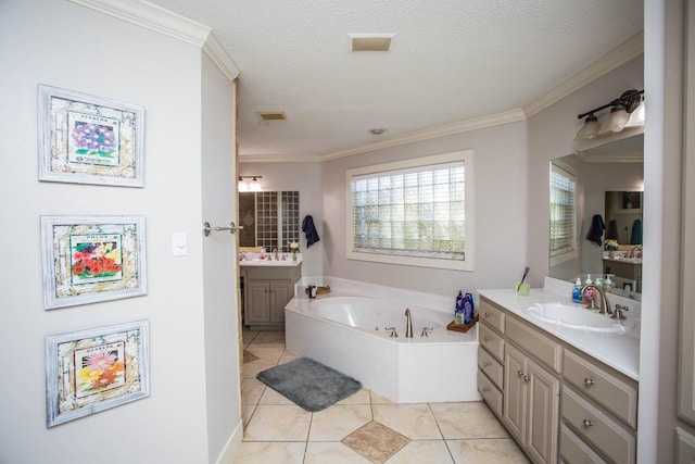 bathroom featuring crown molding, vanity, a textured ceiling, and a washtub