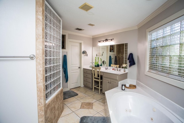 bathroom with crown molding, tile patterned floors, vanity, and tiled bath