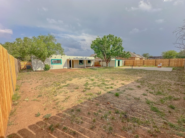 view of yard featuring a shed and a patio area