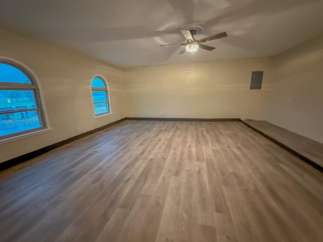 unfurnished room featuring electric panel, ceiling fan, and light wood-type flooring