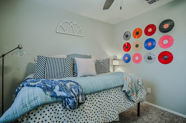 bedroom featuring ceiling fan and carpet floors