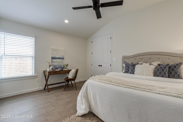 3617 127th St, Lubbock, TX 79423 - bedroom featuring light wood-style flooring, lofted ceiling, ceiling fan, and recessed lighting