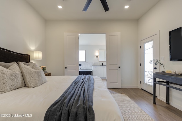 3617 127th St, Lubbock, TX 79423 - bedroom featuring wood finished floors, recessed lighting, ensuite bathroom, and ceiling fan