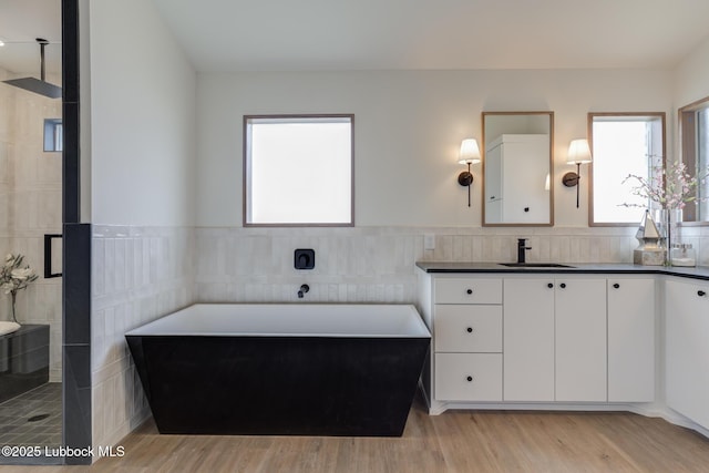 3617 127th St, Lubbock, TX 79423 - bathroom with plenty of natural light, a freestanding tub, vanity, a wainscoted wall, and tile walls