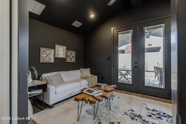 3617 127th St, Lubbock, TX 79423 - living room with french doors, lofted ceiling, wood finished floors, and recessed lighting