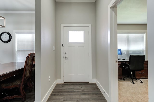 foyer featuring crown molding and dark hardwood / wood-style flooring