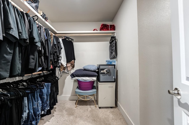 spacious closet featuring light colored carpet