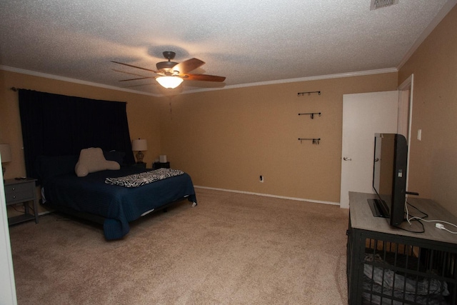 carpeted bedroom featuring crown molding, a textured ceiling, and ceiling fan