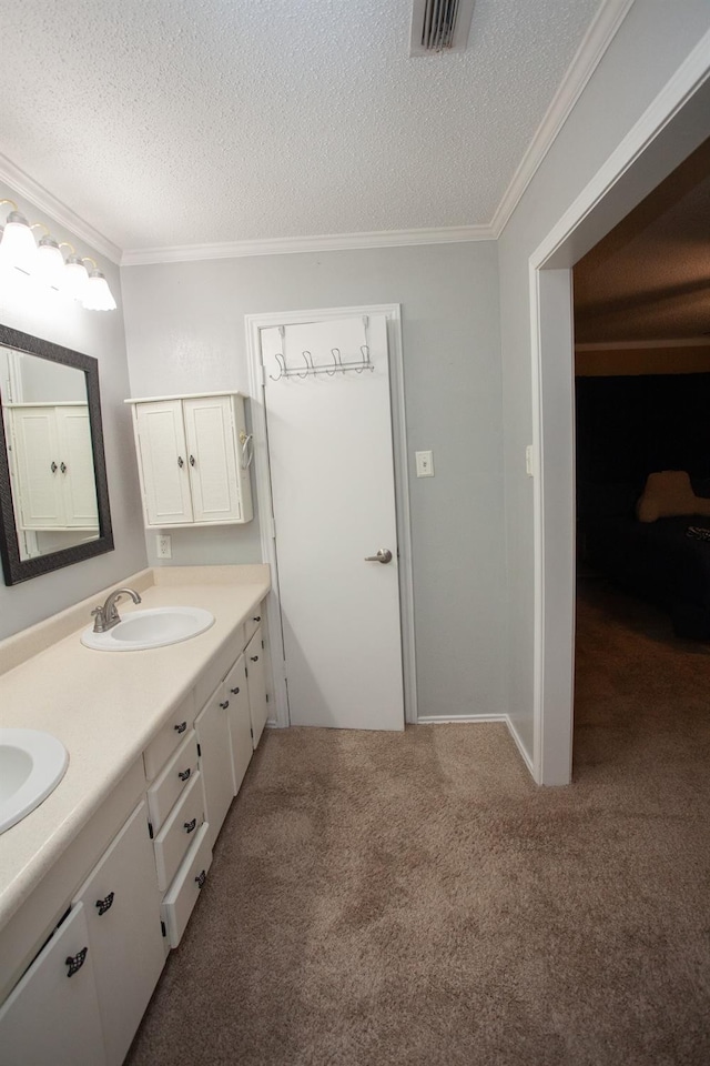 bathroom featuring vanity, crown molding, and a textured ceiling