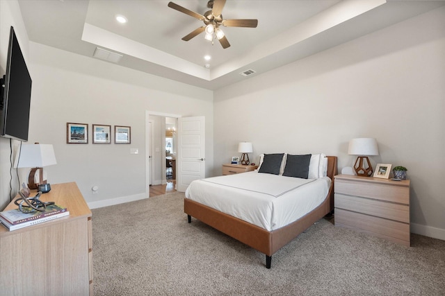 bedroom featuring baseboards, visible vents, light colored carpet, and recessed lighting