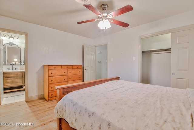 4815 15th St, Lubbock, TX 79416 - bedroom with light wood-type flooring, a closet, a ceiling fan, and connected bathroom