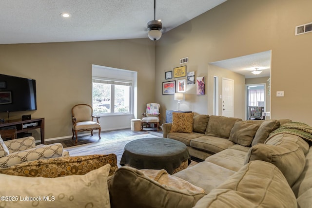8609 Kenosha Dr, Lubbock, TX 79423 - living room with a textured ceiling, high vaulted ceiling, wood finished floors, baseboards, and recessed lighting