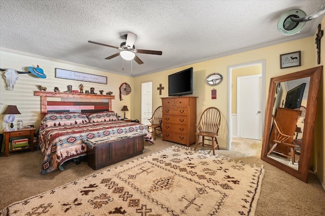 bedroom featuring ceiling fan, crown molding, light colored carpet, and a textured ceiling