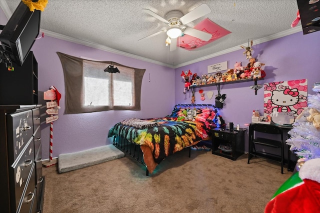 bedroom with ornamental molding, carpet floors, and a textured ceiling