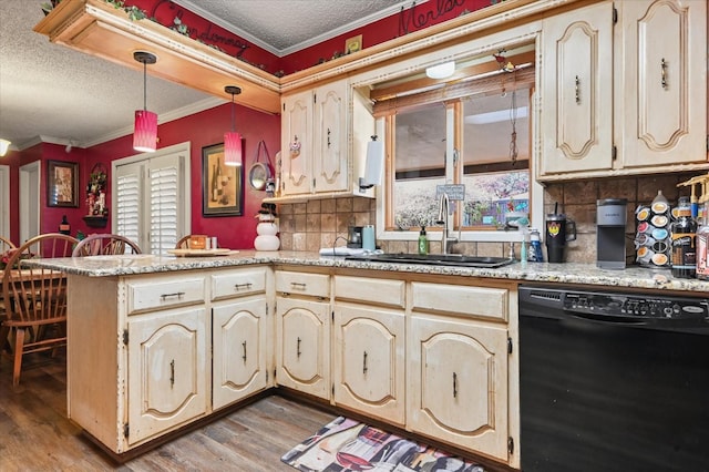 kitchen with dishwasher, sink, hanging light fixtures, kitchen peninsula, and crown molding