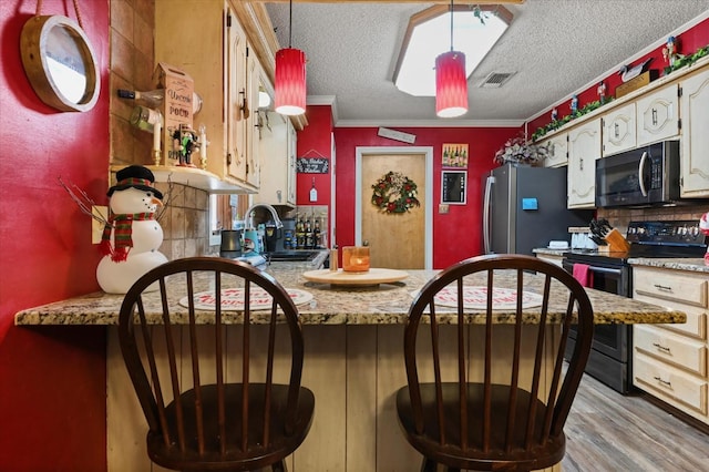 kitchen with sink, hanging light fixtures, a textured ceiling, appliances with stainless steel finishes, and light stone countertops