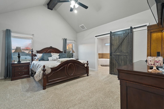 carpeted bedroom featuring ensuite bath, ceiling fan, high vaulted ceiling, a barn door, and beamed ceiling