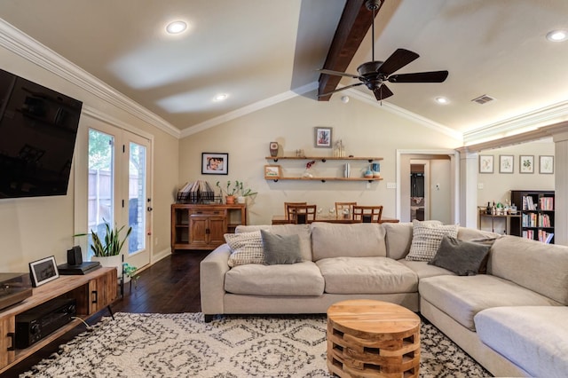 living room with crown molding, lofted ceiling with beams, dark hardwood / wood-style floors, and ceiling fan