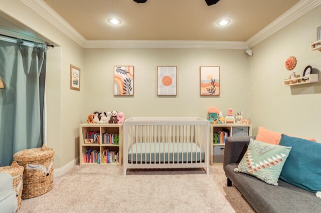 bedroom featuring crown molding and light carpet