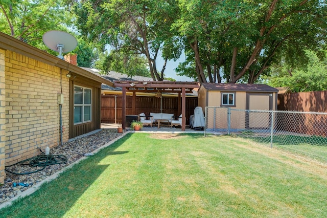 view of yard with an outdoor hangout area and a storage shed