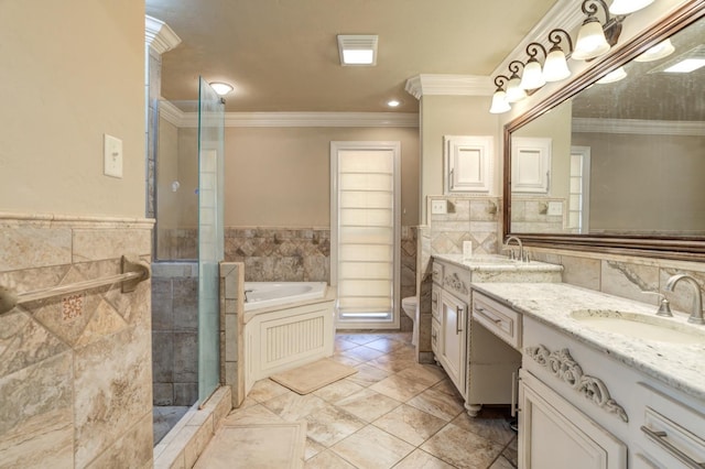 full bathroom with ornamental molding and tile walls