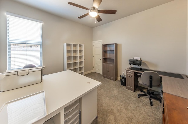 carpeted office space featuring wine cooler and ceiling fan