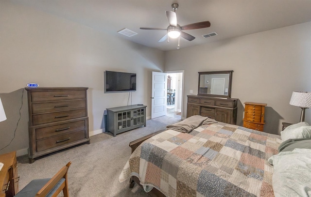 bedroom featuring ceiling fan and light colored carpet