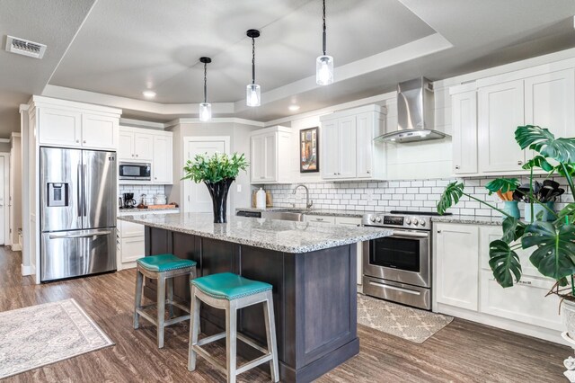 kitchen with a raised ceiling, a kitchen island, appliances with stainless steel finishes, and wall chimney exhaust hood