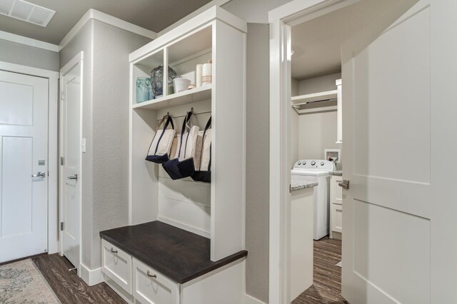 mudroom with washer / dryer and dark hardwood / wood-style floors