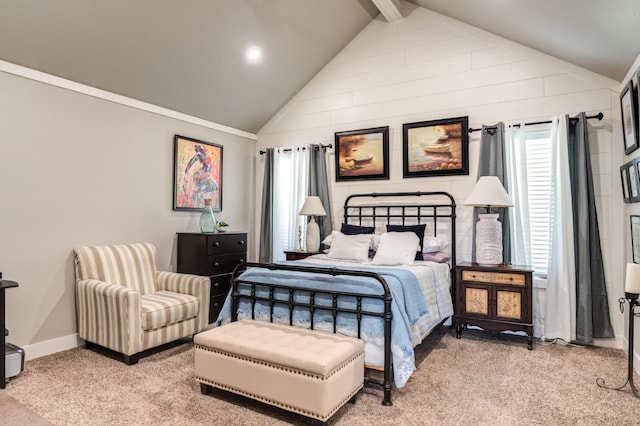 bedroom with vaulted ceiling with beams and light colored carpet