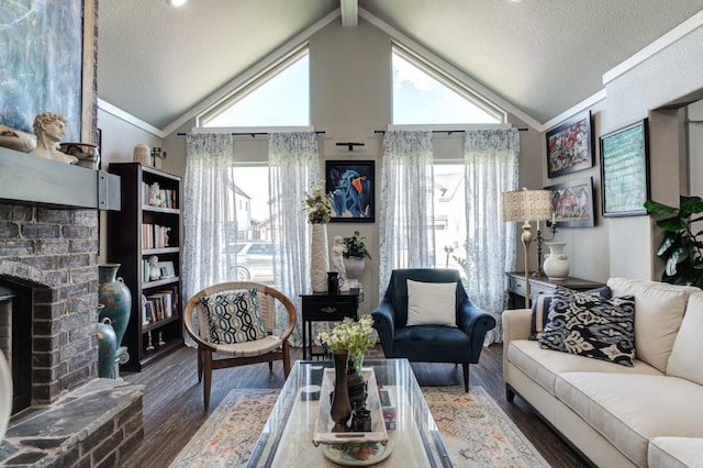 living room featuring vaulted ceiling, a brick fireplace, a wealth of natural light, and dark hardwood / wood-style flooring