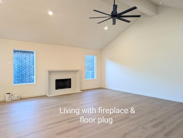 unfurnished living room with beamed ceiling, high vaulted ceiling, ceiling fan, and light hardwood / wood-style flooring