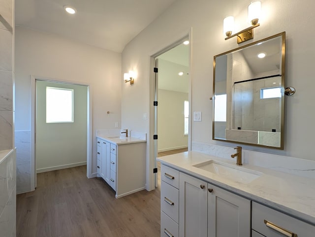 bathroom featuring vanity, hardwood / wood-style flooring, and a shower with door