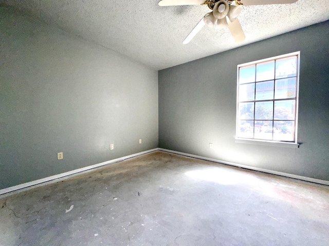 empty room featuring concrete flooring, ceiling fan, and a textured ceiling