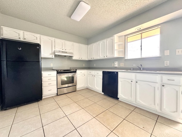 kitchen featuring white cabinetry, light tile patterned floors, sink, and black appliances