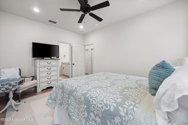 5522 Lehigh St, Lubbock, TX 79416 - bedroom featuring light wood-style floors, recessed lighting, ceiling fan, and ensuite bathroom