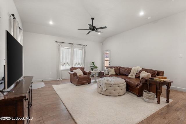5522 Lehigh St, Lubbock, TX 79416 - living room with wood finished floors, ceiling fan, vaulted ceiling, and recessed lighting