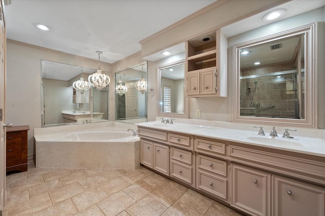 bathroom with ornamental molding, vanity, and plus walk in shower