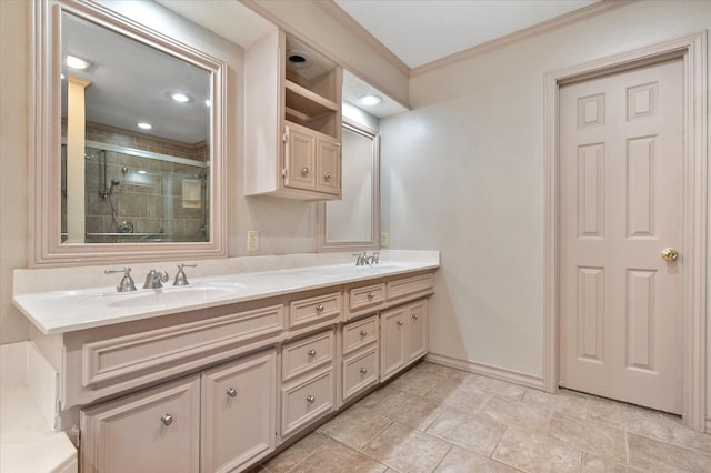 bathroom with vanity, an enclosed shower, and crown molding