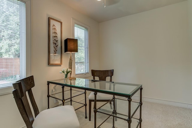 home office with a wealth of natural light and carpet flooring