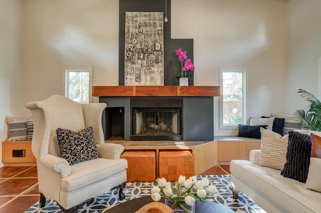 living area featuring tile patterned flooring