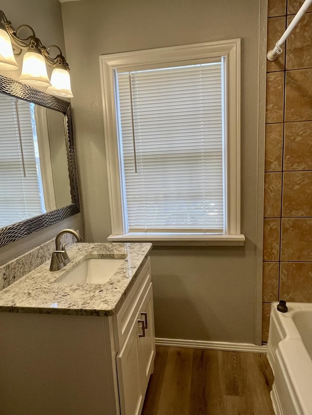 bathroom with vanity, baseboards, and wood finished floors