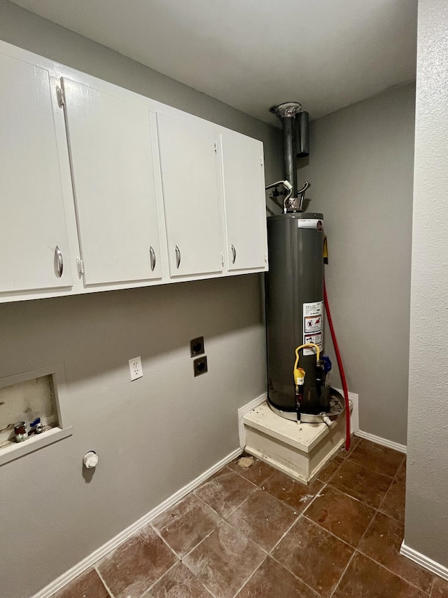 washroom with hookup for a washing machine, gas water heater, hookup for an electric dryer, and baseboards