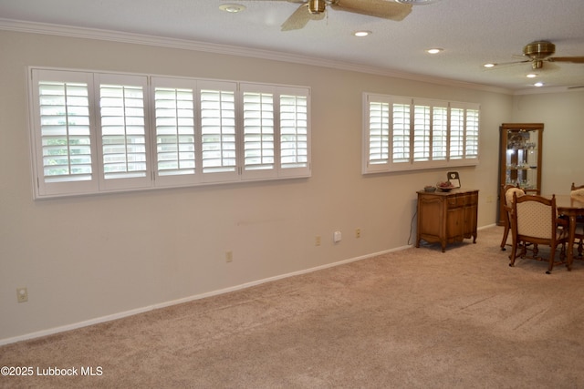 200 Crescent Dr, Littlefield, TX 79339 - living area featuring ceiling fan, ornamental molding, carpet, and recessed lighting