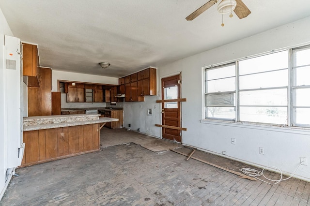 kitchen with a wealth of natural light, kitchen peninsula, and ceiling fan