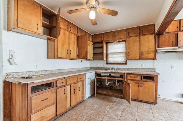 kitchen with ceiling fan, sink, and white dishwasher