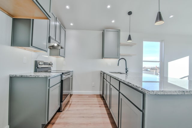 kitchen with open shelves, a sink, stainless steel range with electric cooktop, under cabinet range hood, and a peninsula